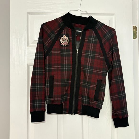 Liverpool Los Angeles Tartan Bomber Jacket Womens XS Red Black Plaid - Picture 1 of 4